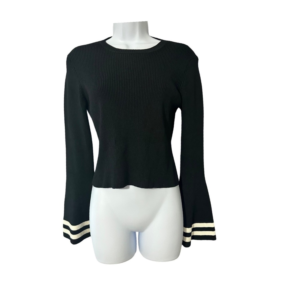 CAARA‎ Black Ribbed Knit Bell Sleeve Sweater Slightly Cropped Top Size S